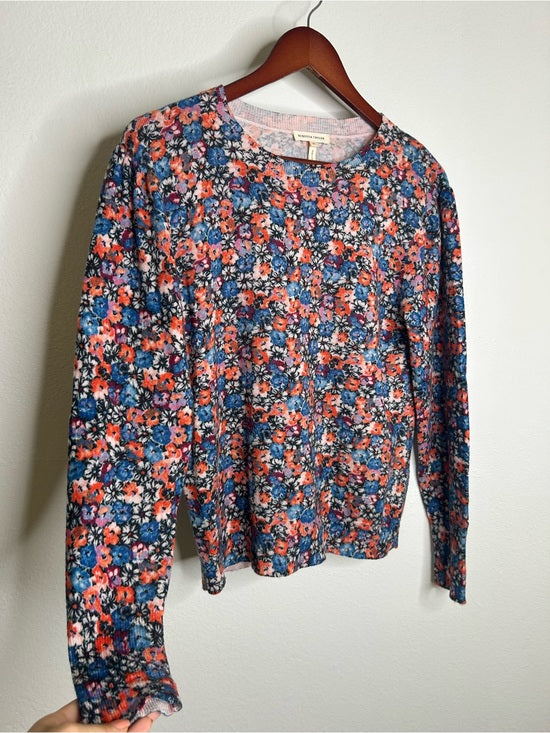 Rebecca Taylor 100% Wool Lightweight Floral Multicolor Scoop Neck Knit Sweater