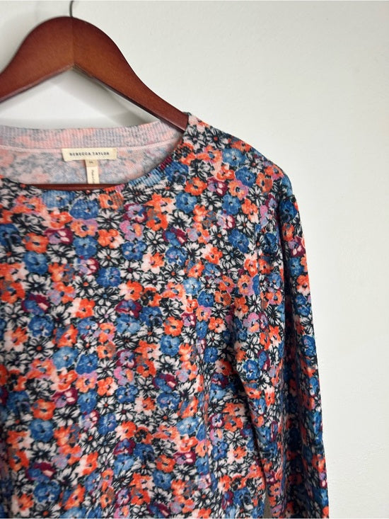 Rebecca Taylor 100% Wool Lightweight Floral Multicolor Scoop Neck Knit Sweater