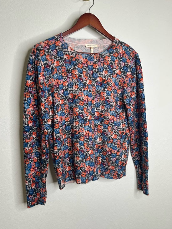 Rebecca Taylor 100% Wool Lightweight Floral Multicolor Scoop Neck Knit Sweater
