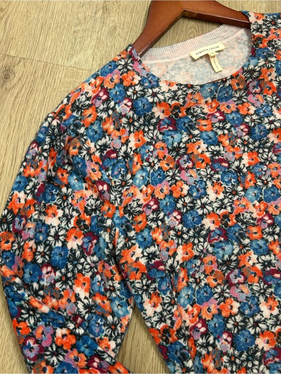Rebecca Taylor 100% Wool Lightweight Floral Multicolor Scoop Neck Knit Sweater