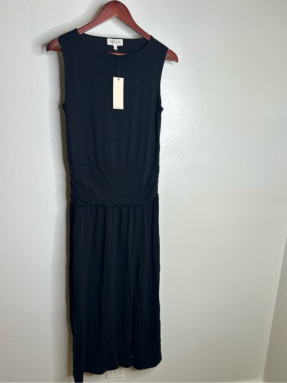 Nation LTD Nation LA 100% Pima Cotton Cleo Midi Dress Drop Waist in Jet Black - Cotton