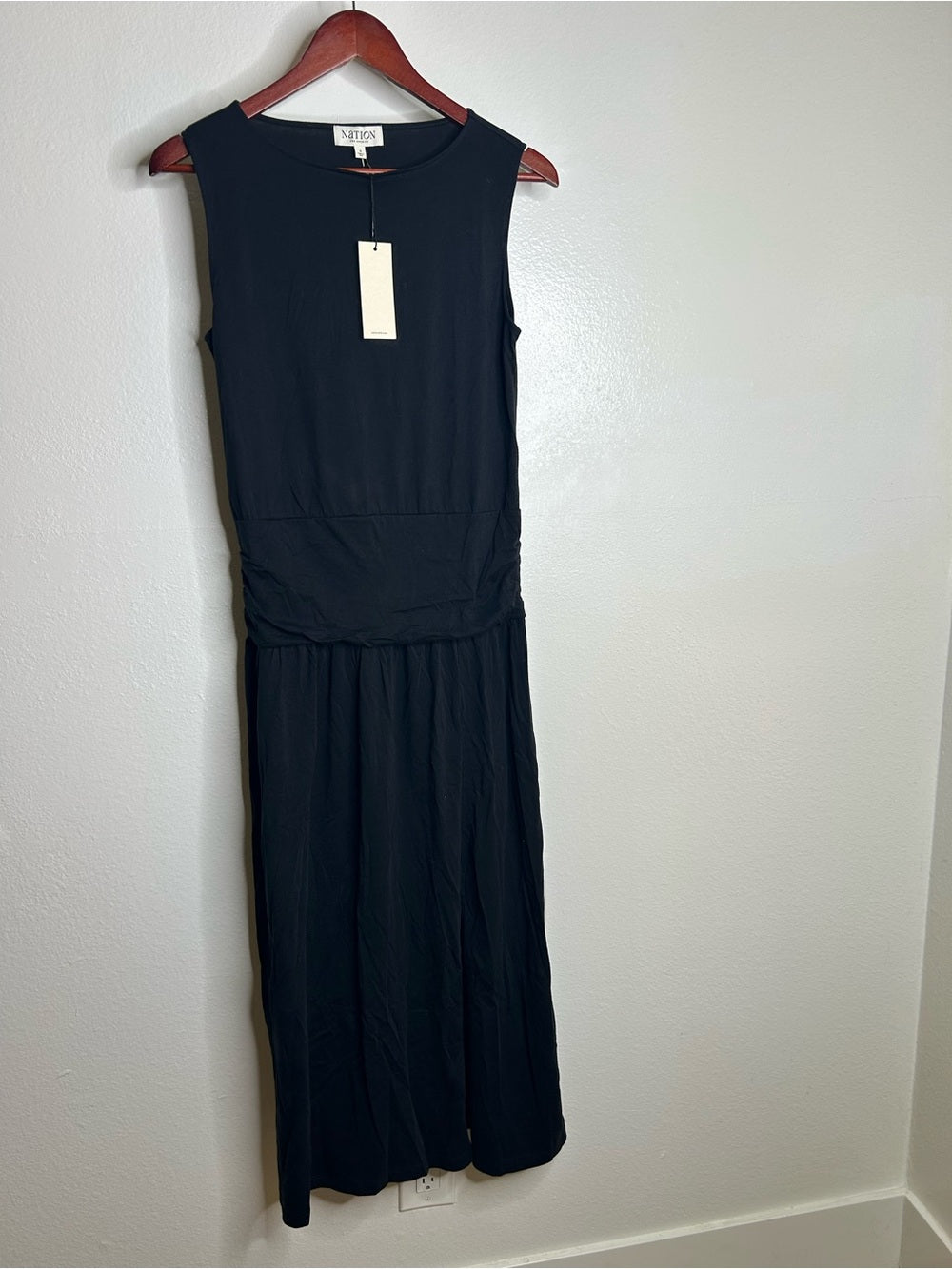 Nation LTD Nation LA 100% Pima Cotton Cleo Midi Dress Drop Waist in Jet Black - Cotton