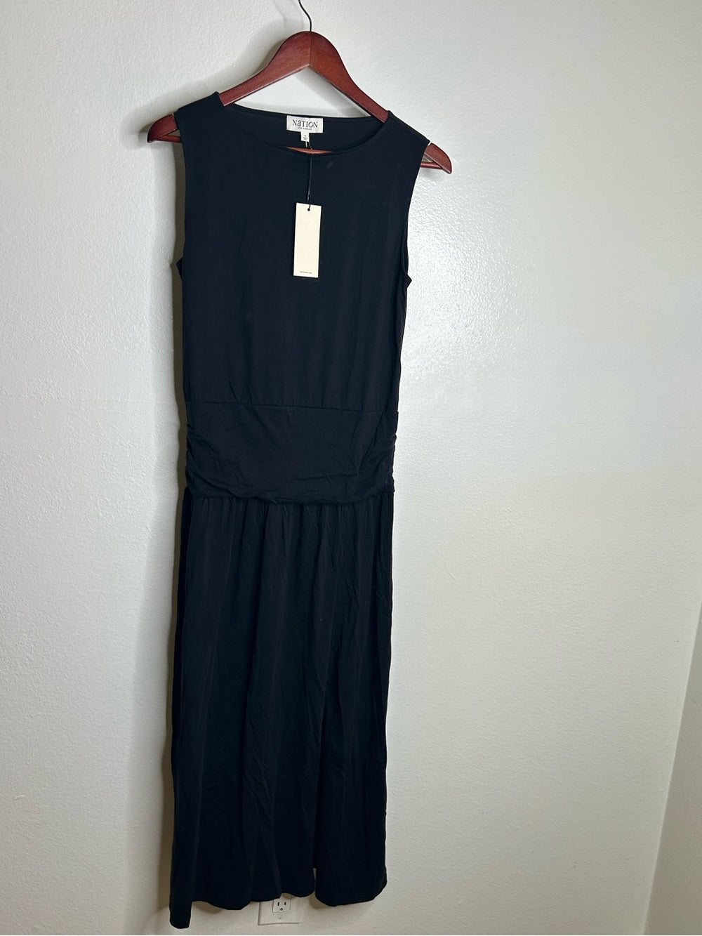 Nation LTD Nation LA 100% Pima Cotton Cleo Midi Dress Drop Waist in Jet Black - Cotton
