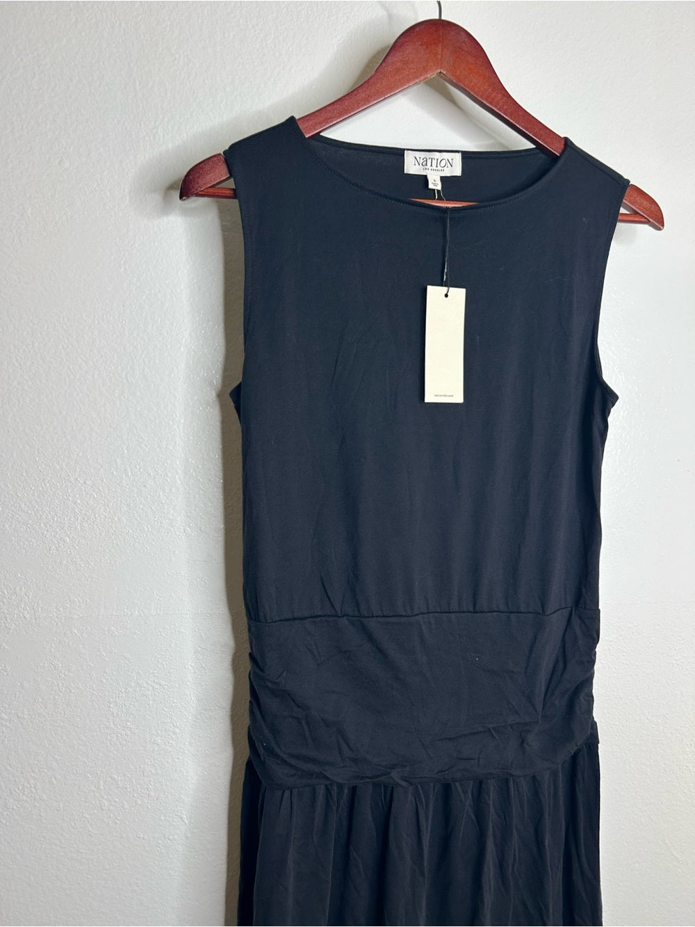 Nation LA 100% Pima Cotton Cleo Midi Dress Drop Waist in Jet Black
