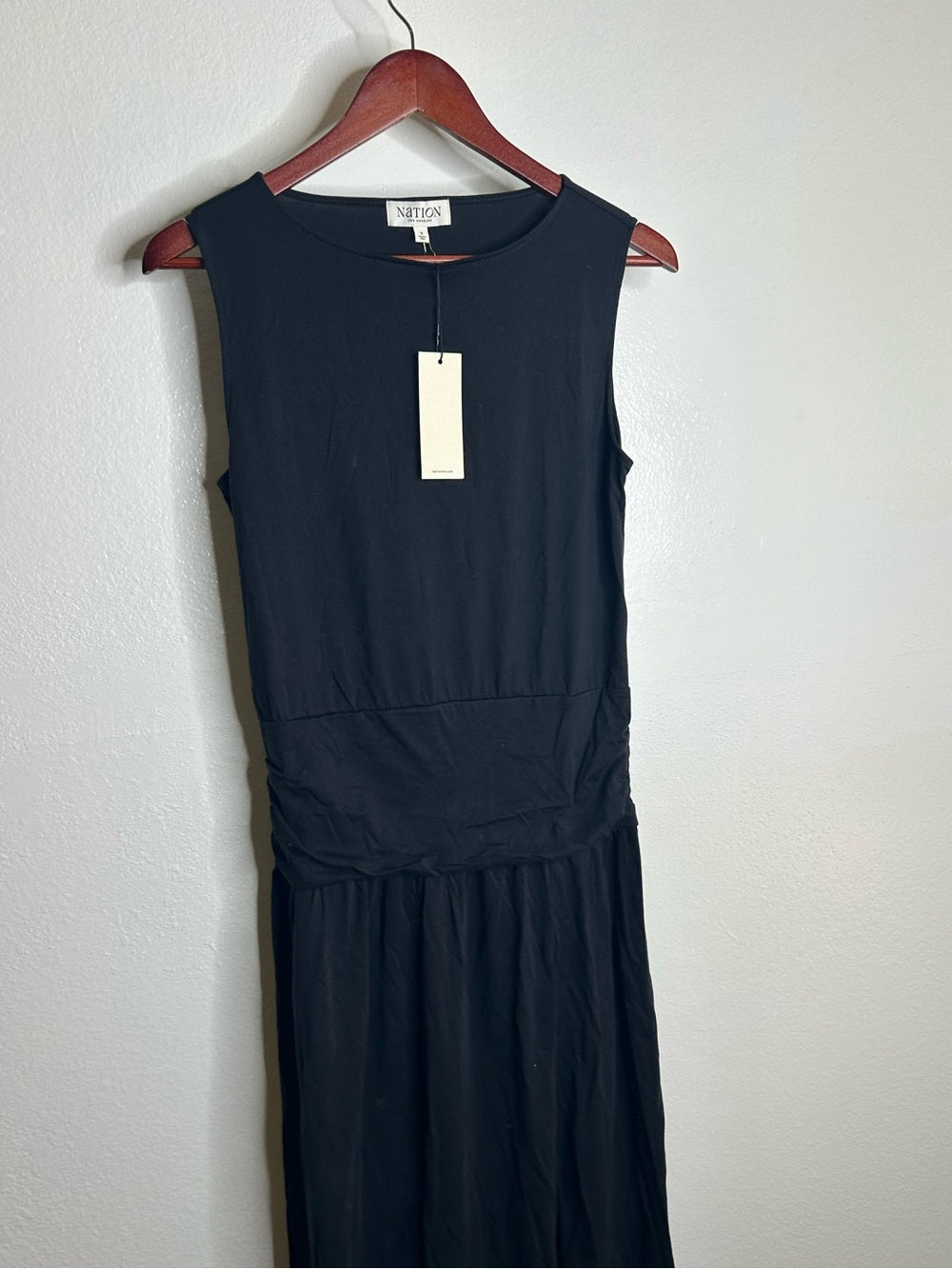 Nation LA 100% Pima Cotton Cleo Midi Dress Drop Waist in Jet Black