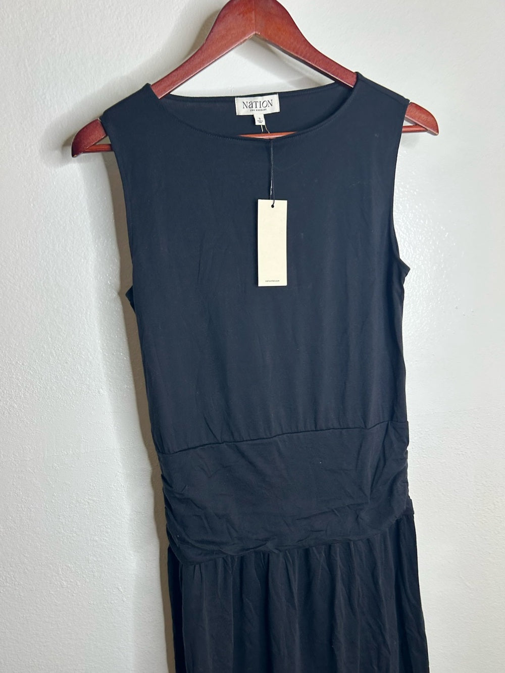 Nation LA 100% Pima Cotton Cleo Midi Dress Drop Waist in Jet Black