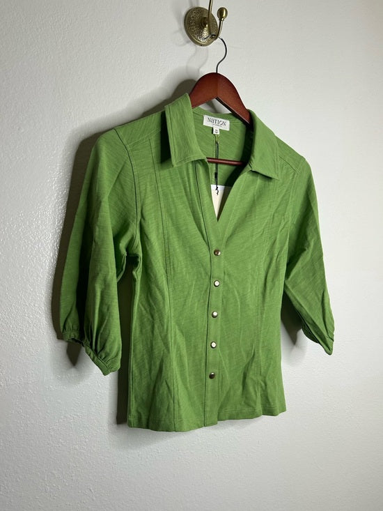 Nation LA 100% Cotton Green Gold Button Down Collared Short Sleeve Top