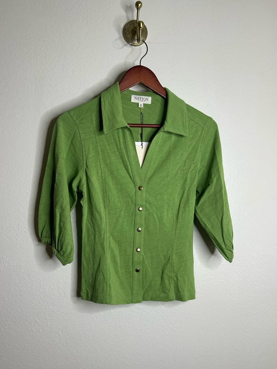 Nation LA 100% Cotton Green Gold Button Down Collared Short Sleeve Top