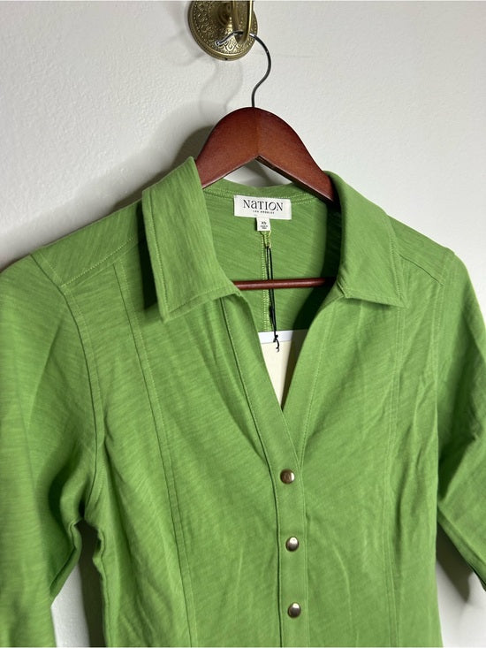 Nation LA 100% Cotton Green Gold Button Down Collared Short Sleeve Top