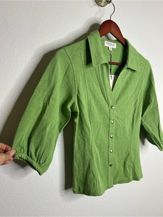 Nation LA 100% Cotton Green Gold Button Down Collared Short Sleeve Top