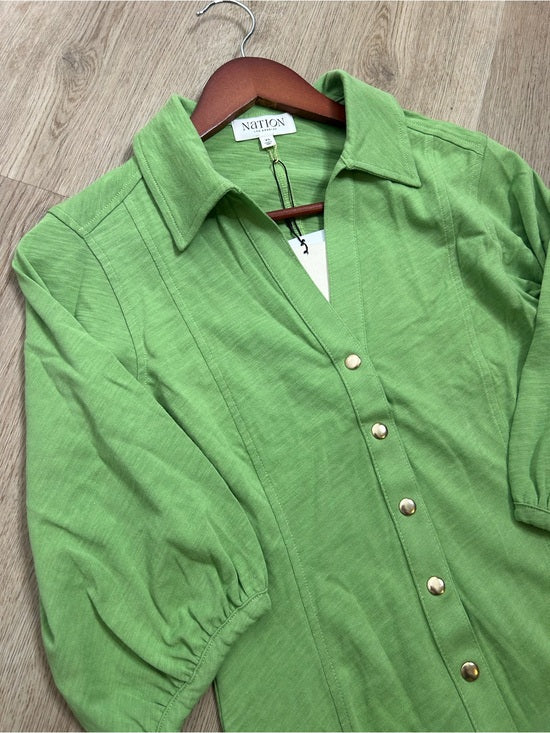 Nation LA 100% Cotton Green Gold Button Down Collared Short Sleeve Top