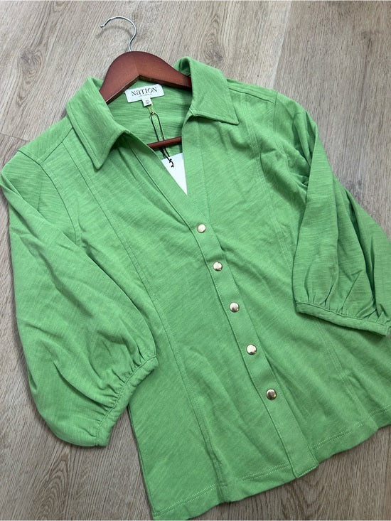 Nation LA 100% Cotton Green Gold Button Down Collared Short Sleeve Top