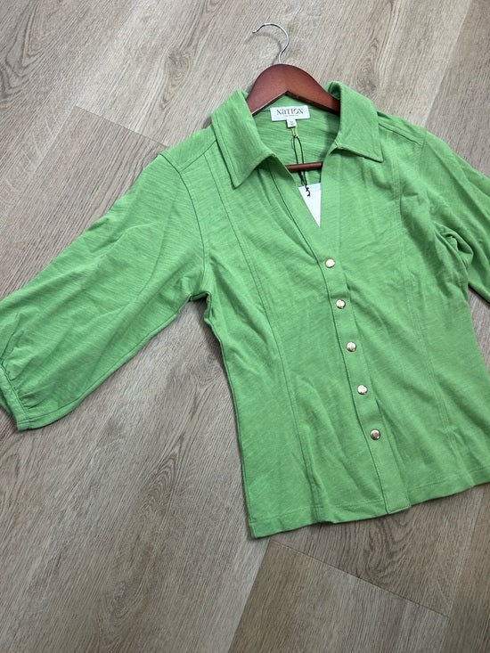 Nation LA 100% Cotton Green Gold Button Down Collared Short Sleeve Top