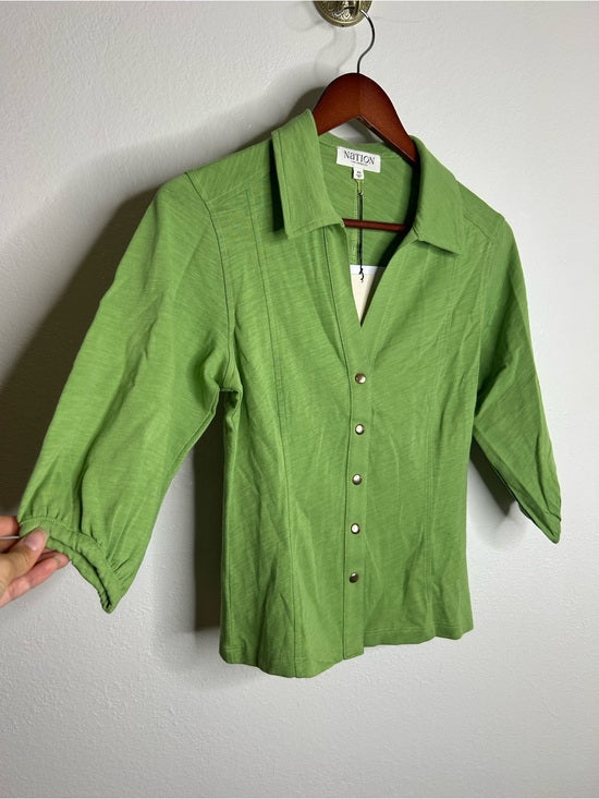 Nation LA 100% Cotton Green Gold Button Down Collared Short Sleeve Top