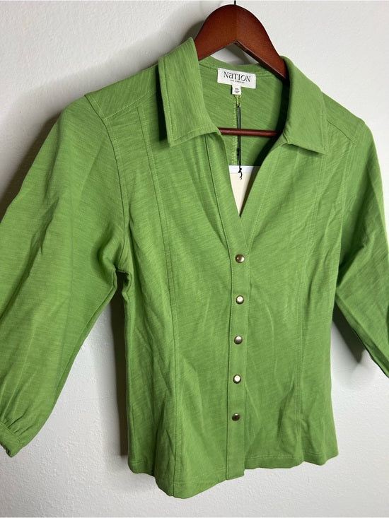Nation LA 100% Cotton Green Gold Button Down Collared Short Sleeve Top