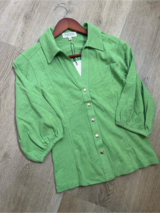 Nation LA 100% Cotton Green Gold Button Down Collared Short Sleeve Top