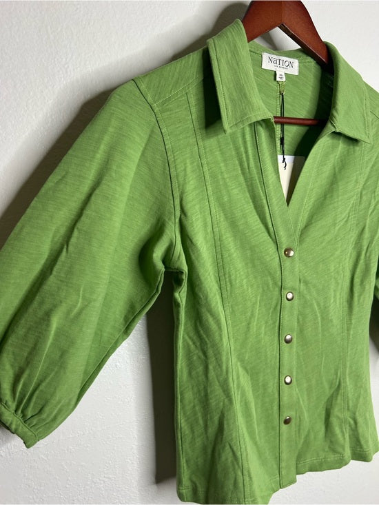Nation LA 100% Cotton Green Gold Button Down Collared Short Sleeve Top