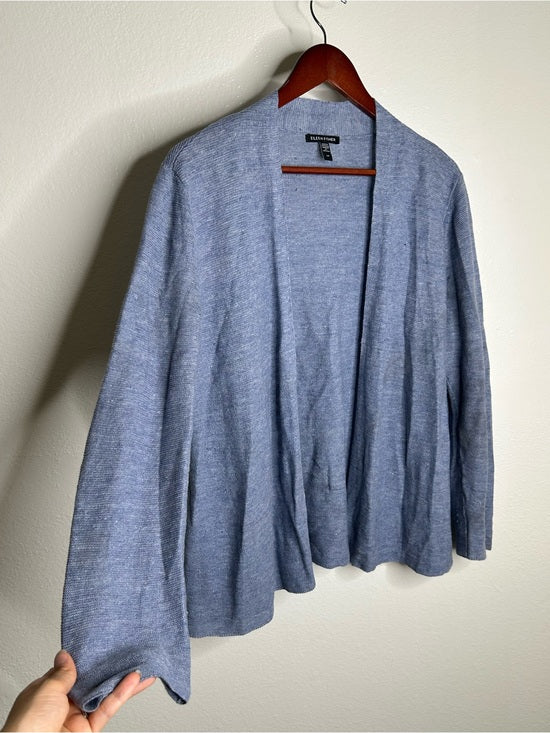 Eileen Fisher Eileen Fisher 100% Organic Linen Knit Textured Blue Open Cardigan Sweater - Linen