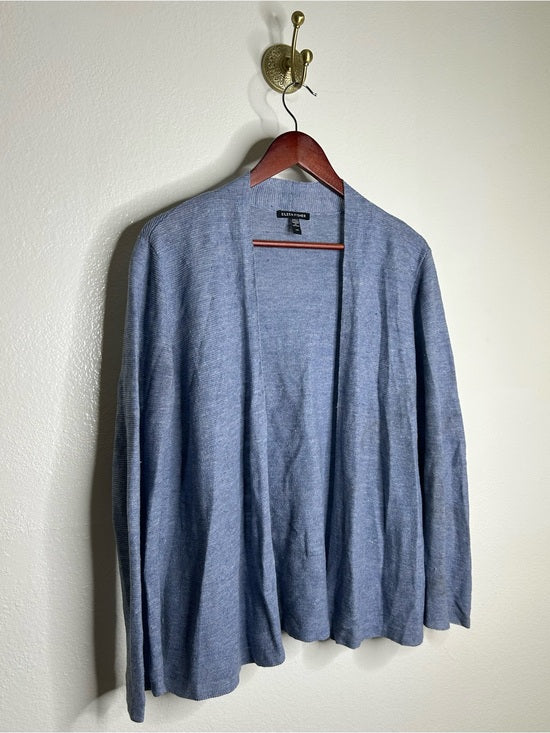 Eileen Fisher 100% Organic Linen Knit Textured Blue Open Cardigan Sweater