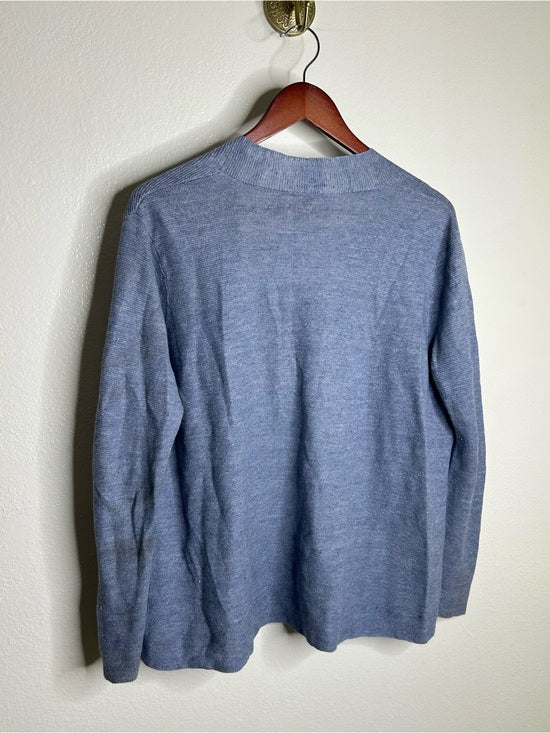 Eileen Fisher 100% Organic Linen Knit Textured Blue Open Cardigan Sweater