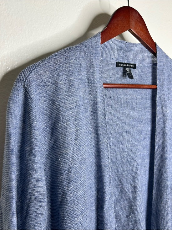 Eileen Fisher Eileen Fisher 100% Organic Linen Knit Textured Blue Open Cardigan Sweater - Linen