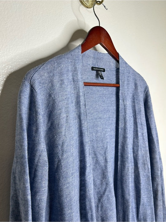 Eileen Fisher 100% Organic Linen Knit Textured Blue Open Cardigan Sweater