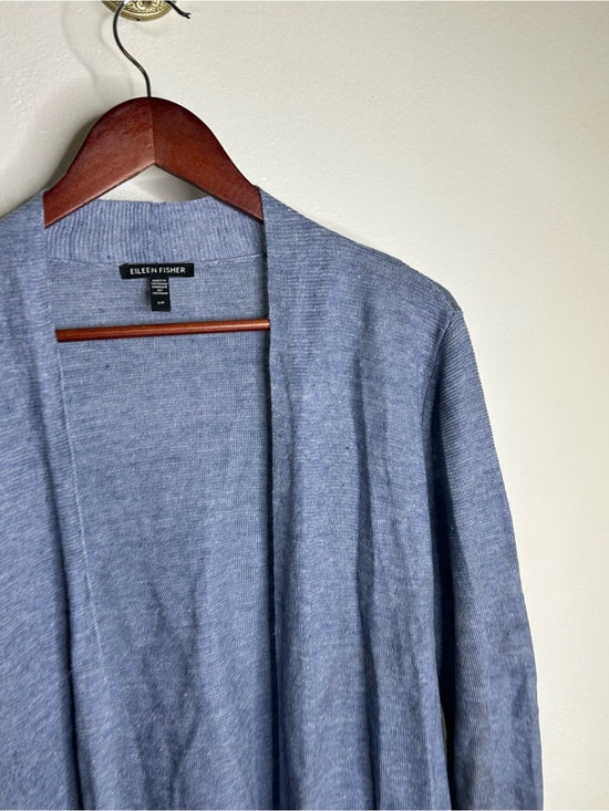 Eileen Fisher 100% Organic Linen Knit Textured Blue Open Cardigan Sweater