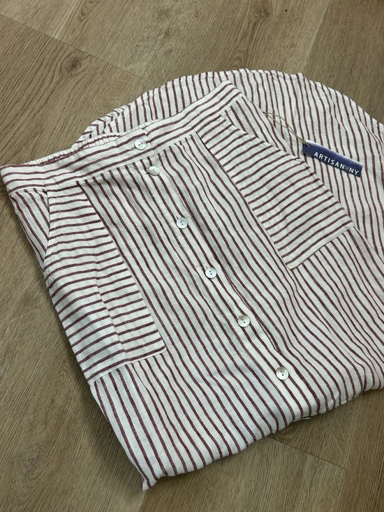 Artisan NY 100% Linen Red Striped Button Down Midi Skirt