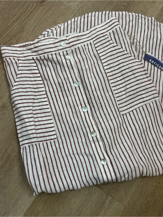 Artisan NY 100% Linen Red Striped Button Down Midi Skirt