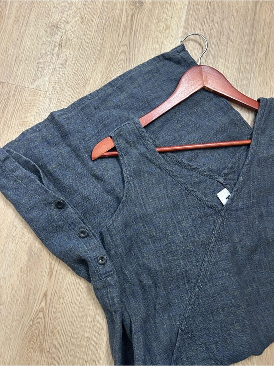 FLAX 100% Linen V - Neck Tank Shift Dress Navy Blue Button Detail