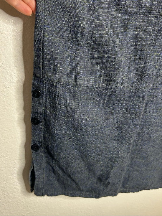 FLAX 100% Linen V - Neck Tank Shift Dress Navy Blue Button Detail