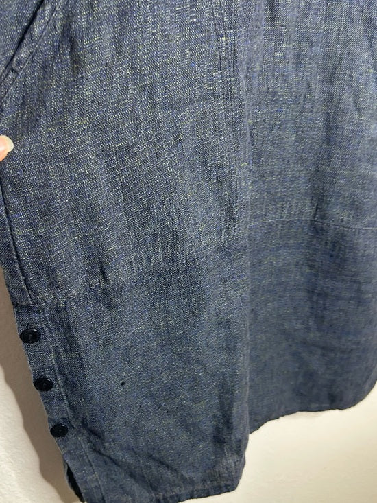 FLAX 100% Linen V - Neck Tank Shift Dress Navy Blue Button Detail
