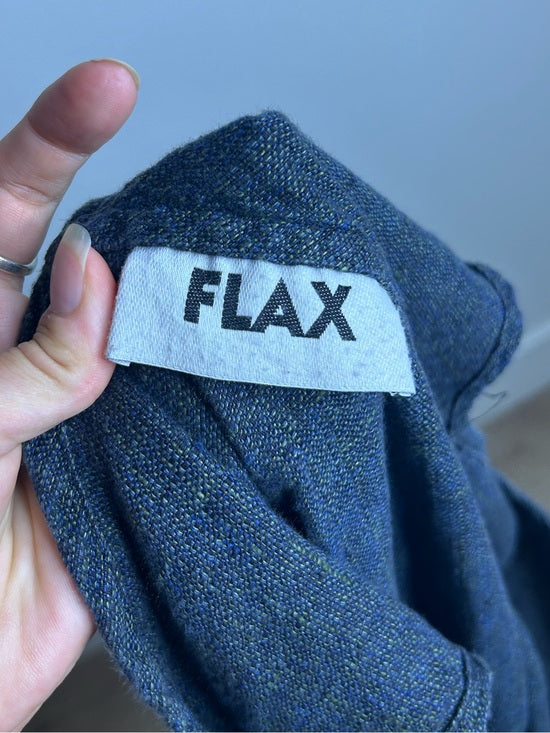 FLAX 100% Linen V - Neck Tank Shift Dress Navy Blue Button Detail