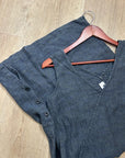FLAX 100% Linen V - Neck Tank Shift Dress Navy Blue Button Detail