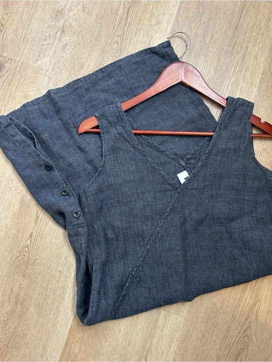 FLAX 100% Linen V - Neck Tank Shift Dress Navy Blue Button Detail