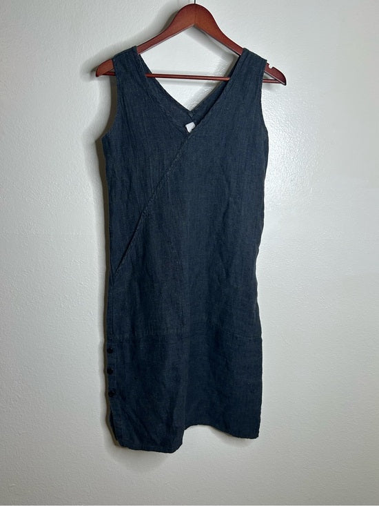 FLAX 100% Linen V - Neck Tank Shift Dress Navy Blue Button Detail