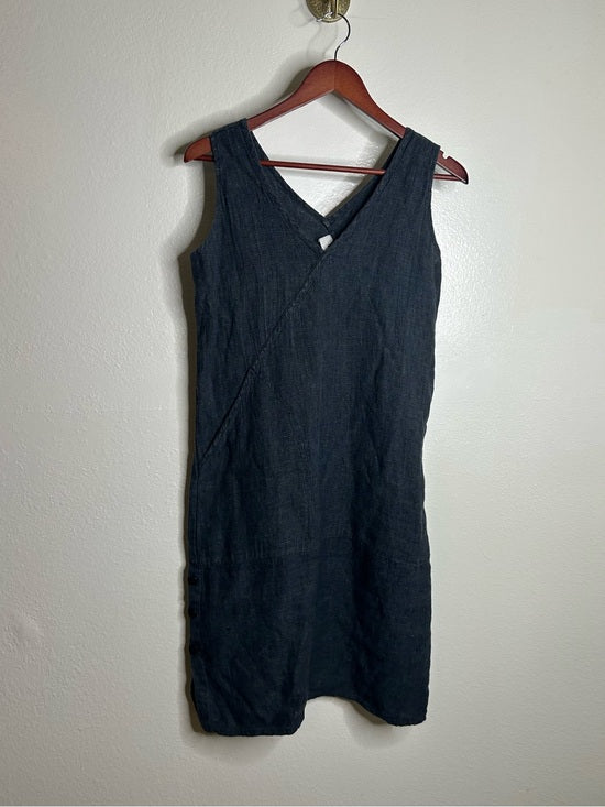 FLAX 100% Linen V - Neck Tank Shift Dress Navy Blue Button Detail