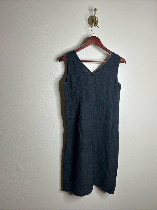 FLAX 100% Linen V - Neck Tank Shift Dress Navy Blue Button Detail