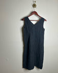 FLAX 100% Linen V - Neck Tank Shift Dress Navy Blue Button Detail