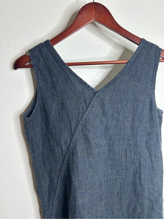 FLAX 100% Linen V - Neck Tank Shift Dress Navy Blue Button Detail