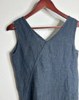 FLAX 100% Linen V - Neck Tank Shift Dress Navy Blue Button Detail