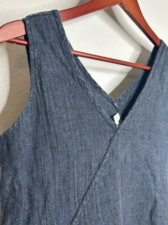 FLAX 100% Linen V - Neck Tank Shift Dress Navy Blue Button Detail
