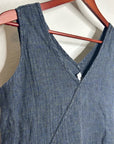 FLAX 100% Linen V - Neck Tank Shift Dress Navy Blue Button Detail