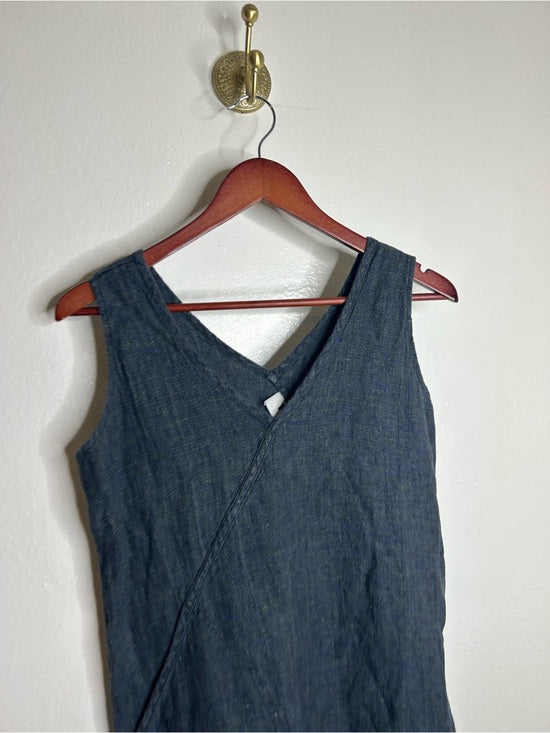 FLAX 100% Linen V - Neck Tank Shift Dress Navy Blue Button Detail