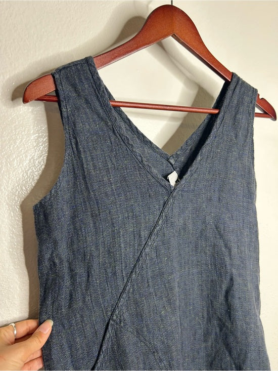 FLAX 100% Linen V - Neck Tank Shift Dress Navy Blue Button Detail