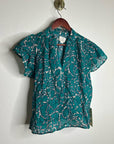 Trovata 100% Cotton Teal Floral Short Flutter Sleeve Clover Blouse