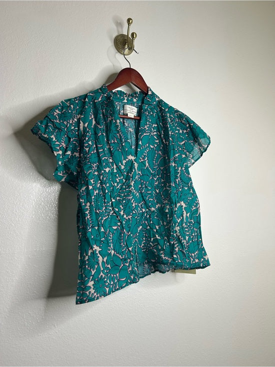 Trovata 100% Cotton Teal Floral Short Flutter Sleeve Clover Blouse