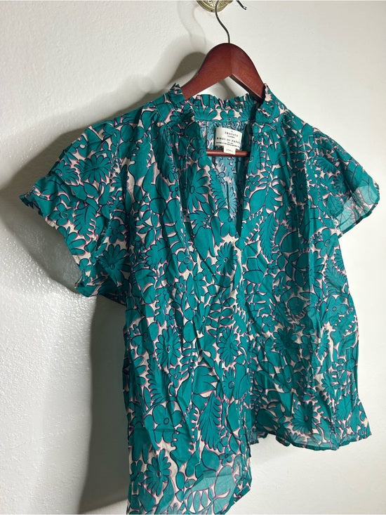 Trovata 100% Cotton Teal Floral Short Flutter Sleeve Clover Blouse