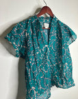 Trovata 100% Cotton Teal Floral Short Flutter Sleeve Clover Blouse