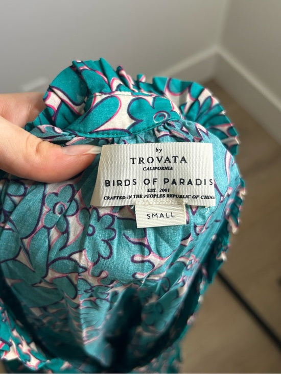 Trovata 100% Cotton Teal Floral Short Flutter Sleeve Clover Blouse